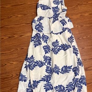 Mo:Vint Blue Small Waist Detail Cutout Leaf Print Dress Beach